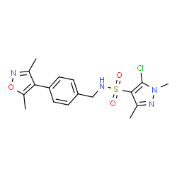 ChemSpider 2D Image | 5-Chloro-N-[4-(3,5-dimethyl-1,2-oxazol-4-yl)benzyl]-1,3-dimethyl-1H-pyrazole-4-sulfonamide | C17H19ClN4O3S