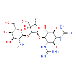 ChemSpider 2D Image | 1,1'-[(1R,2R,3S,4R,5R,6S)-4-({5-Deoxy-2-O-[2-deoxy-2-(methylamino)-alpha-L-altropyranosyl]-3-C-formyl-alpha-L-lyxofuranosyl}oxy)-2,5,6-trihydroxy-1,3-cyclohexanediyl]diguanidine | C21H39N7O12