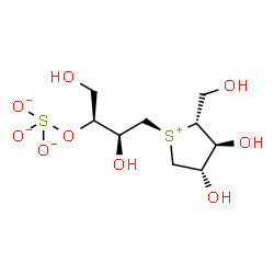 ChemSpider 2D Image | [({(2S,3S)-4-[(2R,3S,4S)-3,4-Dihydroxy-2-(hydroxymethyl)tetrahydro-1-thiopheniumyl]-1,3-dihydroxy-2-butanyl}oxy)-lambda~4~-sulfanetriyl]trioxidanide | C9H18O9S2
