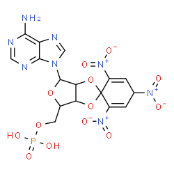 ChemSpider 2D Image | [4-(6-aminopurin-9-yl)-1',3',5'-trinitro-spiro[3a,4,6,6a-tetrahydrofuro[3,4-d][1,3]dioxole-2,6'-cyclohexa-1,4-diene]-6-yl]methyl dihydrogen phosphate | C16H15N8O13P