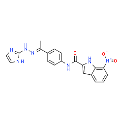 ChemSpider 2D Image | N-{4-[(1E)-N-1H-imidazol-2-ylethanehydrazonoyl]phenyl}-7-nitro-1H-indole-2-carboxamide | C20H17N7O3