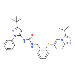 ChemSpider 2D Image | 1-(3-Tert-Butyl-1-Phenyl-1h-Pyrazol-5-Yl)-3-(2-{[3-(1-Methylethyl)[1,2,4]triazolo[4,3-A]pyridin-6-Yl]sulfanyl}benzyl)urea | C30H33N7OS