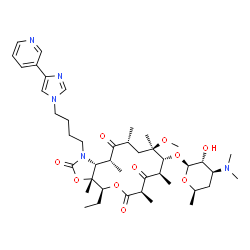ChemSpider 2D Image | (3aR,4S,7R,9R,10R,11R,13R,15R,15aR)-4-Ethyl-11-methoxy-3a,7,9,11,13,15-hexamethyl-2,6,8,14-tetraoxo-1-{4-[4-(3-pyridinyl)-1H-imidazol-1-yl]butyl}tetradecahydro-2H-oxacyclotetradecino[4,3-d][1,3]oxazol
-10-yl 3,4,6-trideoxy-3-(dimethylamino)-beta-D-xylo-hexopyranoside | C43H65N5O10