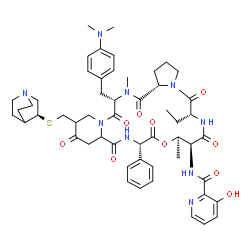 ChemSpider 2D Image | N-{(6R,9S,10R,13S,22S,24aS)-18-{[(3S)-1-Azabicyclo[2.2.2]oct-3-ylsulfanyl]methyl}-22-[4-(dimethylamino)benzyl]-6-ethyl-10,23-dimethyl-5,8,12,15,17,21,24-heptaoxo-13-phenyldocosahydro-12H-pyrido[2,1-f]
pyrrolo[2,1-l][1,4,7,10,13,16]oxapentaazacyclononadecin-9-yl}-3-hydroxy-2-pyridinecarboxamide | C53H67N9O10S