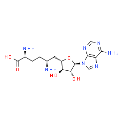 ChemSpider 2D Image | (5R)-5-Amino-6-[(2S,3R,4R,5R)-5-(6-amino-9H-purin-9-yl)-3,4-dihydroxytetrahydro-2-furanyl]-D-norleucine | C15H23N7O5