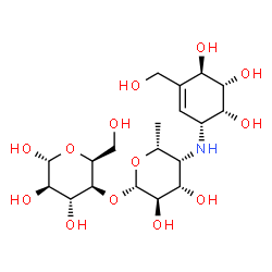 ChemSpider 2D Image | 4-O-(4,6-DIDEOXY-4-{[4,5,6-TRIHYDROXY-3-(HYDROXYMETHYL)CYCLOHEX-2-EN-1-YL]AMINO}-BETA-D-LYXO-HEXOPYRANOSYL)-ALPHA-D-ERYTHRO-HEXOPYRANOSE | C19H33NO13