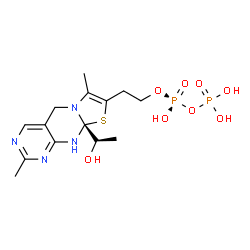 ChemSpider 2D Image | 2-{(9aR)-9a-[(1R)-1-Hydroxyethyl]-2,7-dimethyl-9a,10-dihydro-5H-pyrimido[4,5-d][1,3]thiazolo[3,2-a]pyrimidin-8-yl}ethyl trihydrogen diphosphate | C14H22N4O8P2S