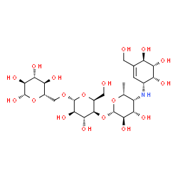 ChemSpider 2D Image | 4,6-Dideoxy-4-{[(1R,4R,5S,6R)-4,5,6-trihydroxy-3-(hydroxymethyl)-2-cyclohexen-1-yl]amino}-beta-D-galactopyranosyl-(1->4)-alpha-L-idopyranosyl-(1->6)-beta-L-glucopyranose | C25H43NO18