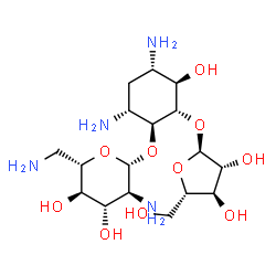 ChemSpider 2D Image | (1S,2S,3R,4S,6R)-4,6-Diamino-2-(alpha-L-arabinofuranosyloxy)-3-hydroxycyclohexyl 2,6-diamino-2,6-dideoxy-beta-L-glucopyranoside | C17H34N4O10