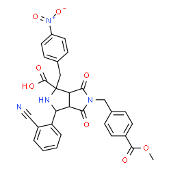 ChemSpider 2D Image | 3-(2-Cyanophenyl)-5-[4-(methoxycarbonyl)benzyl]-1-(4-nitrobenzyl)-4,6-dioxooctahydropyrrolo[3,4-c]pyrrole-1-carboxylic acid | C30H24N4O8
