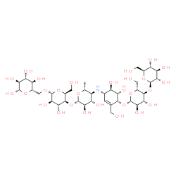 ChemSpider 2D Image | 4,6-Dideoxy-4-{[(1S,4R,5S,6R)-4-{[4-O-(beta-L-glucopyranosyl)-beta-D-glucopyranosyl]oxy}-5,6-dihydroxy-3-(hydroxymethyl)-2-cyclohexen-1-yl]amino}-beta-D-glucopyranosyl-(1->4)-alpha-L-idopyranosyl-(1->
6)-beta-L-glucopyranose | C37H63NO28