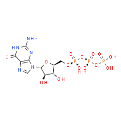 ChemSpider 2D Image | 2-Amino-9-{5-O-[(R)-hydroxy{[(R)-hydroxy(phosphonooxy)phosphoryl]oxy}phosphoryl]-alpha-L-arabinofuranosyl}-1,9-dihydro-6H-purin-6-one | C10H16N5O14P3