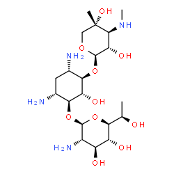 ChemSpider 2D Image | (1S,2R,3R,4S,6R)-4,6-Diamino-3-{[3-deoxy-4-C-methyl-3-(methylamino)-beta-L-xylopyranosyl]oxy}-2-hydroxycyclohexyl (5S)-2-amino-2-deoxy-5-[(1R)-1-hydroxyethyl]-beta-L-xylopyranoside | C20H40N4O10