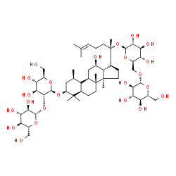 ChemSpider 2D Image | (1beta,3beta,5alpha,12beta,17beta)-17-(2-{[6-O-(beta-D-Glucopyranosyl)-beta-D-glucopyranosyl]oxy}-6-methyl-5-hepten-2-yl)-12-hydroxy-1,4,4,8,14-pentamethylgonan-3-yl 2-O-beta-D-glucopyranosyl-beta-D-g
lucopyranoside | C54H92O23