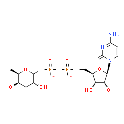 ChemSpider 2D Image | [[(2R,3S,4R,5R)-5-(4-amino-2-oxo-pyrimidin-1-yl)-3,4-dihydroxy-tetrahydrofuran-2-yl]methoxy-oxido-phosphoryl] [(3R,5R,6R)-3,5-dihydroxy-6-methyl-tetrahydropyran-2-yl] phosphate | C15H23N3O14P2