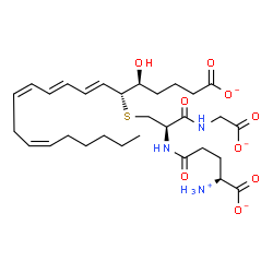 ChemSpider 2D Image | (5S,6R,7E,9E,11Z,14Z)-6-({(2R)-2-{[(4S)-4-Ammonio-4-carboxylatobutanoyl]amino}-3-[(carboxylatomethyl)amino]-3-oxopropyl}sulfanyl)-5-hydroxy-7,9,11,14-icosatetraenoate | C30H45N3O9S