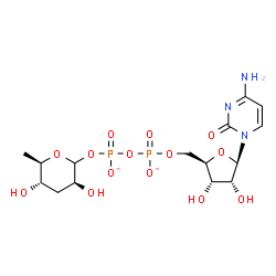 ChemSpider 2D Image | [[(2R,3S,4R,5R)-5-(4-amino-2-oxo-pyrimidin-1-yl)-3,4-dihydroxy-tetrahydrofuran-2-yl]methoxy-oxido-phosphoryl] [(3S,5S,6R)-3,5-dihydroxy-6-methyl-tetrahydropyran-2-yl] phosphate | C15H23N3O14P2