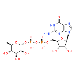 ChemSpider 2D Image | [[(2R,3S,4R,5R)-5-(2-amino-6-oxo-1H-purin-9-yl)-3,4-dihydroxy-tetrahydrofuran-2-yl]methoxy-oxido-phosphoryl] [(2R,3S,4S,5S,6R)-3,4,5-trihydroxy-6-methyl-tetrahydropyran-2-yl] phosphate | C16H23N5O15P2
