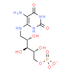 ChemSpider 2D Image | 1-[(5-Amino-2,6-dioxo-1,2,3,6-tetrahydro-4-pyrimidinyl)amino]-1-deoxy-5-O-phosphonato-D-ribitol | C9H15N4O9P