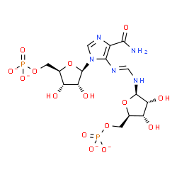 ChemSpider 2D Image | [(2R,3S,4R,5R)-5-[4-carbamoyl-5-[(E)-[[(2R,3R,4S,5R)-3,4-dihydroxy-5-(phosphonatooxymethyl)tetrahydrofuran-2-yl]amino]methyleneamino]imidazol-1-yl]-3,4-dihydroxy-tetrahydrofuran-2-yl]methyl phosphate | C15H21N5O15P2