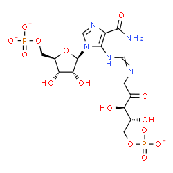 ChemSpider 2D Image | [(2R,3S,4R,5R)-5-[4-carbamoyl-5-[[(3R,4R)-3,4-dihydroxy-2-oxo-5-phosphonatooxy-pentyl]iminomethylamino]imidazol-1-yl]-3,4-dihydroxy-tetrahydrofuran-2-yl]methyl phosphate | C15H21N5O15P2