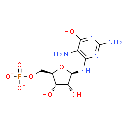 ChemSpider 2D Image | N-(2,5-Diamino-6-oxo-1,6-dihydro-4-pyrimidinyl)-5-O-phosphonato-beta-D-ribofuranosylamine | C9H14N5O8P