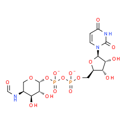 ChemSpider 2D Image | [[(2R,3S,4R,5R)-5-(2,4-dioxopyrimidin-1-yl)-3,4-dihydroxy-tetrahydrofuran-2-yl]methoxy-oxido-phosphoryl] [(2R,3R,4S,5S)-5-formamido-3,4-dihydroxy-tetrahydropyran-2-yl] phosphate | C15H21N3O16P2