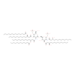 ChemSpider 2D Image | 2-Deoxy-6-O-(2-deoxy-2-{[(3R)-3-(dodecanoyloxy)tetradecanoyl]amino}-4-O-phosphonato-3-O-[(3R)-3-(tetradecanoyloxy)tetradecanoyl]-beta-D-glucopyranosyl)-3-O-[(3R)-3-hydroxytetradecanoyl]-2-{[(3R)-3-hyd
roxytetradecanoyl]amino}-1-O-phosphonato-alpha-D-glucopyranose | C94H174N2O25P2