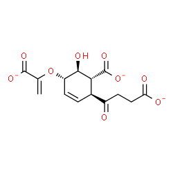 ChemSpider 2D Image | (1R,2S,5S,6S)-2-(3-Carboxylatopropanoyl)-5-[(1-carboxylatovinyl)oxy]-6-hydroxy-3-cyclohexene-1-carboxylate | C14H13O9