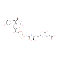 ChemSpider 2D Image | 5-O-({[(2S)-1-{[(1S)-1-Carboxylato-4-{[(1S)-1,3-dicarboxylatopropyl]amino}-4-oxobutyl]amino}-1-oxo-2-propanyl]oxy}phosphinato)-1-deoxy-1-(8-hydroxy-2,4-dioxo-3,4-dihydropyrimido[4,5-b]quinolin-10(2H)-
yl)-D-ribitol | C29H32N5O18P