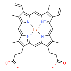 ChemSpider 2D Image | [3,3'-(3,7,12,17-Tetramethyl-8,13-divinyl-2,18-porphyrindiyl-kappa~4~N~21~,N~22~,N~23~,N~24~)dipropanoato(4-)]ferrate(1-) | C34H30FeN4O4