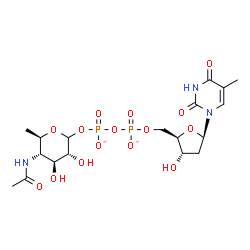 ChemSpider 2D Image | [(3R,4S,5S,6R)-5-acetamido-3,4-dihydroxy-6-methyl-tetrahydropyran-2-yl] [[(2R,3S,5R)-3-hydroxy-5-(5-methyl-2,4-dioxo-pyrimidin-1-yl)tetrahydrofuran-2-yl]methoxy-oxido-phosphoryl] phosphate | C18H27N3O15P2