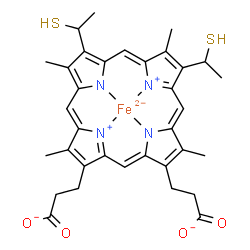 ChemSpider 2D Image | {3,3'-[3,7,12,17-Tetramethyl-8,13-bis(1-sulfanylethyl)-2,18-porphyrindiyl-kappa~4~N~21~,N~22~,N~23~,N~24~]dipropanoato(4-)}ferrate(2-) | C34H34FeN4O4S2