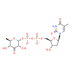 ChemSpider 2D Image | [(2R,3S,5R,6R)-3,5-dihydroxy-6-methyl-4-oxo-tetrahydropyran-2-yl] [[(2R,3S,5R)-3-hydroxy-5-(5-methyl-2,4-dioxo-pyrimidin-1-yl)tetrahydrofuran-2-yl]methoxy-oxido-phosphoryl] phosphate | C16H22N2O15P2