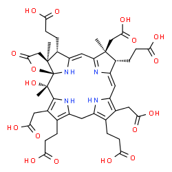 ChemSpider 2D Image | 3,3',3'',3'''-[(1R,2S,12Z,14S,15S,17Z,19S,20S)-4,10,15-Tris(carboxymethyl)-2-hydroxy-2,15,20-trimethyl-22-oxo-23-oxa-24,25,26,27-tetraazahexacyclo[16.5.1.1~3,6~.1~8,11~.1~13,16~.0~1,20~]heptacosa-3,5,
8,10,12,16(25),17-heptaene-5,9,14,19-tetrayl]tetrapropanoic acid | C43H50N4O17
