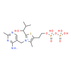 ChemSpider 2D Image | 3-[(4-Amino-2-methyl-5-pyrimidinyl)methyl]-2-(1-hydroxy-2-methylpropyl)-5-(2-{[hydroxy(phosphonooxy)phosphoryl]oxy}ethyl)-4-methyl-1,3-thiazol-3-ium | C16H27N4O8P2S