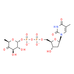 ChemSpider 2D Image | [(2R,3R,4R,6R)-3,4-dihydroxy-6-methyl-5-oxo-tetrahydropyran-2-yl] [[(2R,3S,5R)-3-hydroxy-5-(5-methyl-2,4-dioxo-pyrimidin-1-yl)tetrahydrofuran-2-yl]methoxy-oxido-phosphoryl] phosphate | C16H22N2O15P2