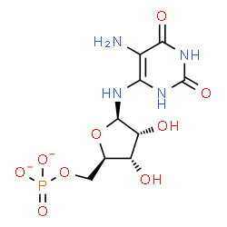 ChemSpider 2D Image | N-(5-Amino-2,6-dioxo-1,2,3,6-tetrahydro-4-pyrimidinyl)-5-O-phosphonato-beta-D-ribofuranosylamine | C9H13N4O9P