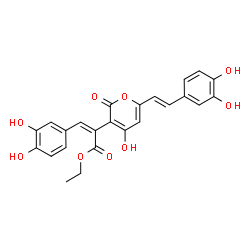 ChemSpider 2D Image | Ethyl (2Z)-3-(3,4-dihydroxyphenyl)-2-{6-[(E)-2-(3,4-dihydroxyphenyl)vinyl]-4-hydroxy-2-oxo-2H-pyran-3-yl}acrylate | C24H20O9