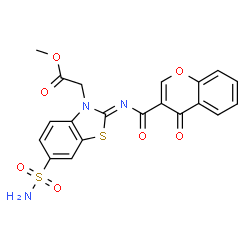 ChemSpider 2D Image | Methyl [(2Z)-2-{[(4-oxo-4H-chromen-3-yl)carbonyl]imino}-6-sulfamoyl-1,3-benzothiazol-3(2H)-yl]acetate | C20H15N3O7S2