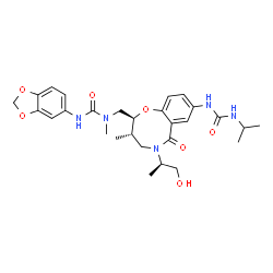 ChemSpider 2D Image | 3-(1,3-Benzodioxol-5-yl)-1-({(2S,3S)-5-[(2R)-1-hydroxy-2-propanyl]-8-[(isopropylcarbamoyl)amino]-3-methyl-6-oxo-3,4,5,6-tetrahydro-2H-1,5-benzoxazocin-2-yl}methyl)-1-methylurea | C28H37N5O7
