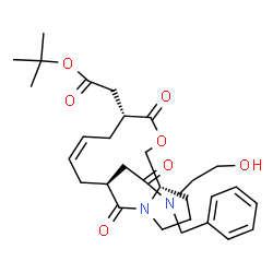 ChemSpider 2D Image | 2-Methyl-2-propanyl [(4R,6Z,9S,14aS)-9-{2-[benzyl(2-hydroxyethyl)amino]-2-oxoethyl}-3,10-dioxo-3,4,5,8,9,10,12,13,14,14a-decahydro-1H-pyrrolo[2,1-c][1,4]oxazacyclododecin-4-yl]acetate | C30H42N2O7