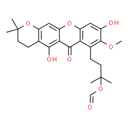 ChemSpider 2D Image | 4-(5,9-Dihydroxy-8-methoxy-2,2-dimethyl-6-oxo-3,4-dihydro-2H,6H-pyrano[3,2-b]xanthen-7-yl)-2-methyl-2-butanyl formate | C25H28O8