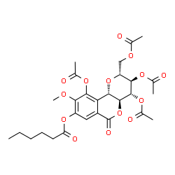 ChemSpider 2D Image | (2R,3R,4R,4aS,10bS)-3,4,10-Triacetoxy-2-(acetoxymethyl)-9-methoxy-6-oxo-2,3,4,4a,6,10b-hexahydropyrano[3,2-c]isochromen-8-yl hexanoate | C28H34O14