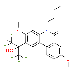 ChemSpider 2D Image | 5-Butyl-2-(1,1,1,3,3,3-hexafluoro-2-hydroxy-2-propanyl)-3,8-dimethoxy-6(5H)-phenanthridinone | C22H21F6NO4