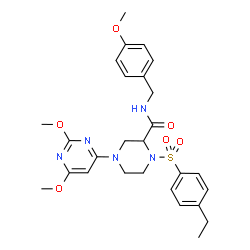 ChemSpider 2D Image | 4-(2,6-Dimethoxy-4-pyrimidinyl)-1-[(4-ethylphenyl)sulfonyl]-N-(4-methoxybenzyl)-2-piperazinecarboxamide | C27H33N5O6S