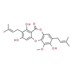 ChemSpider 2D Image | 1,3,7-Trihydroxy-6-methoxy-2,8-bis(3-methyl-2-buten-1-yl)-11H-dibenzo[b,e][1,4]dioxepin-11-one | C24H26O7