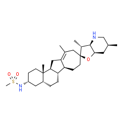 ChemSpider 2D Image | N-[(2S,3R,3'R,3aR,4a'R,6S,6a'R,6b'S,7aR,12a'S,12b'S)-3,6,11',12b'-Tetramethyl-2',3',3a,4,4',4a',5,5',6,6',6a',6b',7,7',7a,8',10',12',12a',12b'-icosahydro-1'H,3H-spiro[furo[3,2-b]pyridine-2,9'-naphtho[ 2,1-a]azulen]-3'-yl]methanesulfonamide | C29H48N2O3S