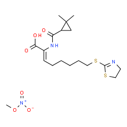 ChemSpider 2D Image | (2Z)-8-(4,5-Dihydro-1,3-thiazol-2-ylsulfanyl)-2-{[(2,2-dimethylcyclopropyl)carbonyl]amino}-2-octenoic acid - methyl nitrate (1:1) | C18H29N3O6S2