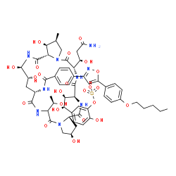 ChemSpider 2D Image | 5-[(1S,2S)-2-{(2R,9S,11R,12R,14aS,15S,16S,20S,23S,25aS)-20-[(1R)-3-Amino-1-hydroxy-3-oxopropyl]-2,11,12,15-tetrahydroxy-6-[(1R)-1-hydroxyethyl]-16-methyl-5,8,14,19,22,25-hexaoxo-9-[(4-{5-[4-(pentyloxy
)phenyl]-1,2-oxazol-3-yl}benzoyl)amino]tetracosahydro-1H-dipyrrolo[2,1-c:2',1'-l][1,4,7,10,13,16]hexaazacyclohenicosin-23-yl}-1,2-dihydroxyethyl]-2-hydroxyphenyl hydrogen sulfate | C56H71N9O23S
